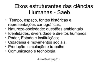 Eixos estruturantes das ciências
Humanas - Saeb

Tempo, espaço, fontes históricas e
representações cartográficas;

Natureza-sociedade: questões ambientais

Identidades, diversidade e direitos humanos;

Poder, Estado e instituições;

Cidadania e movimentos sociais,

Produção, circulação e trabalho;

Comunicação e tecnologia.
(Livro Saeb pag.31)
 