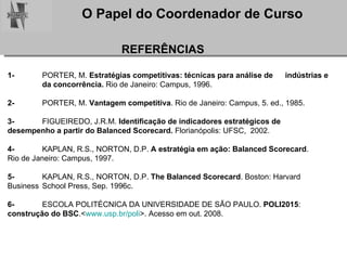 1- PORTER, M.  Estratégias competitivas: técnicas para análise de  indústrias e  da concorrência.  Rio de Janeiro: Campus, 1996. 2- PORTER, M.  Vantagem competitiva . Rio de Janeiro: Campus, 5. ed., 1985. 3- FIGUEIREDO, J.R.M.  Identificação de indicadores estratégicos de  desempenho a partir do Balanced Scorecard.  Florianópolis: UFSC,  2002. 4- KAPLAN, R.S., NORTON, D.P.  A estratégia em ação: Balanced Scorecard .  Rio de Janeiro: Campus, 1997. 5- KAPLAN, R.S., NORTON, D.P.  The Balanced Scorecard . Boston: Harvard  Business  School Press, Sep. 1996c. 6- ESCOLA POLITÉCNICA DA UNIVERSIDADE DE SÃO PAULO.  POLI2015 :  construção do BSC .< www.usp.br/poli >. Acesso em out. 2008. REFERÊNCIAS 