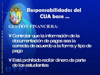 GESTIÓN FINANCIERA: Controlar que la información de la documentación de pagos sea la correcta de acuerdo a la forma y tipo de pago Está prohibido recibir dinero de parte de los estudiantes Responsabilidades del  CUA base … 