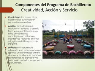 Creatividad, Acción y Servicio
 Creatividad: las artes y otras
experiencias que implican
pensamiento creativo.
 Acción: actividades que
implican un esfuerzo o desafío
físico y que contribuyen a un
estilo de vida sano;
complementan el trabajo
académico realizado en otras
asignaturas del Programa del
Diploma.
 Servicio: un intercambio
voluntario y no remunerado que
significa un aprendizaje para el
alumno, y en el que se respetan
los derechos, la dignidad y la
autonomía de todas las personas
involucradas.
Componentes del Programa de Bachillerato
 