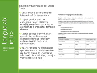 Lenguaab
initio
Los objetivos generales del Grupo
2 son:
Desarrollar el entendimiento
intercultural de los alumnos
Lograr que los alumnos
entiendan y usen el idioma
estudiado en diversos contextos,
atendiendo a propósitos también
diversos
Lograr que los alumnos sean
conscientes de la relación
existente entre las lenguas y
culturas con las que están
familiarizados
Aportar la base necesaria para
que los alumnos puedan realizar,
mediante el uso de una lengua
adicional, otros estudios, trabajos
y actividades de ocio
Objetivos del
curso
 