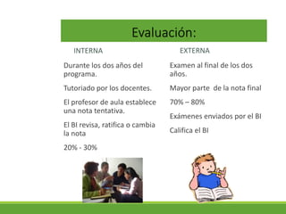 Evaluación:
INTERNA
Durante los dos años del
programa.
Tutoriado por los docentes.
El profesor de aula establece
una nota tentativa.
El BI revisa, ratifica o cambia
la nota
20% - 30%
EXTERNA
Examen al final de los dos
años.
Mayor parte de la nota final
70% – 80%
Exámenes enviados por el BI
Califica el BI
 