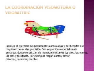 LA COORDINACIÓN VISOMOTORA O VISOMOTRIZImplica el ejercicio de movimientos controlados y deliberados que requieren de mucha precisión. Son requeridos especialmente en tareas donde se utilizan de manera simultanea los ojos, las manos, los pies y los dedos. Por ejemplo: rasgar, cortar, pintar, colorear, enhebrar, escribir. 