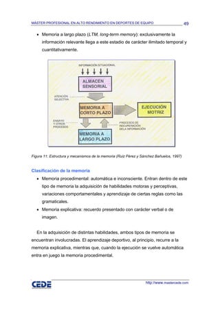 MÁSTER PROFESIONAL EN ALTO RENDIMIENTO EN DEPORTES DE EQUIPO                             49

   • Memoria a largo plazo (LTM, long-term memory): exclusivamente la
      información relevante llega a este estadio de carácter ilimitado temporal y
      cuantitativamente.




Figura 11: Estructura y mecanismos de la memoria (Ruiz Pérez y Sánchez Bañuelos, 1997)


Clasificación de la memoria
   • Memoria procedimental: automática e inconsciente. Entran dentro de este
      tipo de memoria la adquisición de habilidades motoras y perceptivas,
      variaciones comportamentales y aprendizaje de ciertas reglas como las
      gramaticales.
   • Memoria explicativa: recuerdo presentado con carácter verbal o de
      imagen.


   En la adquisición de distintas habilidades, ambos tipos de memoria se
encuentran involucradas. El aprendizaje deportivo, al principio, recurre a la
memoria explicativa, mientras que, cuando la ejecución se vuelve automática
entra en juego la memoria procedimental.




                                                                 http://www.mastercede.com
 