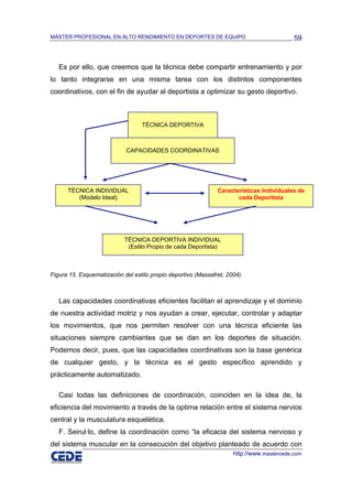 MÁSTER PROFESIONAL EN ALTO RENDIMIENTO EN DEPORTES DE EQUIPO                               59



   Es por ello, que creemos que la técnica debe compartir entrenamiento y por
lo tanto integrarse en una misma tarea con los distintos componentes
coordinativos, con el fin de ayudar al deportista a optimizar su gesto deportivo.



                                  TÉCNICA DEPORTIVA



                            CAPACIDADES COORDINATIVAS




      TÉCNICA INDIVIDUAL                                       Características Individuales de
         (Modelo Ideal)                                               cada Deportista




                            TÉCNICA DEPORTIVA INDIVIDUAL
                             (Estilo Propio de cada Deportista)



Figura 15. Esquematización del estilo propio deportivo (Massafret, 2004).



   Las capacidades coordinativas eficientes facilitan el aprendizaje y el dominio
de nuestra actividad motriz y nos ayudan a crear, ejecutar, controlar y adaptar
los movimientos, que nos permiten resolver con una técnica eficiente las
situaciones siempre cambiantes que se dan en los deportes de situación.
Podemos decir, pues, que las capacidades coordinativas son la base genérica
de cualquier gesto, y la técnica es el gesto específico aprendido y
prácticamente automatizado.

   Casi todas las definiciones de coordinación, coinciden en la idea de, la
eficiencia del movimiento a través de la optima relación entre el sistema nervios
central y la musculatura esquelética.
   F. Seirul·lo, define la coordinación como “la eficacia del sistema nervioso y
del sistema muscular en la consecución del objetivo planteado de acuerdo con
                                                                     http://www.mastercede.com
 