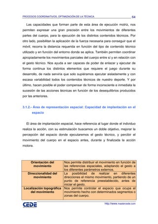 PROCESOS COORDINATIVOS, OPTIMIZACIÓN DE LA TÉCNICA                              64

  Las capacidades que forman parte de esta área de ejecución motriz, nos
permiten expresar una gran precisión entre los movimientos de diferentes
partes del cuerpo, para la ejecución de los distintos contenidos técnicos. Por
otro lado, posibilitan la aplicación de la fuerza necesaria para conseguir que el
móvil, recorra la distancia requerida en función del tipo de contenido técnico
utilizado y en función del entorno donde se aplica. También permiten coordinar
apropiadamente los movimientos parciales del cuerpo entre sí y en relación con
el gesto técnico. Nos ayuda a ser capaces de poder de enlazar y ejecutar de
forma continua los distintos elementos que requiere el juego durante su
desarrollo, de nada serviría que solo supiéramos ejecutar aisladamente y con
escasa variabilidad todos los contenidos técnicos de nuestro deporte. Y por
último, hacen posible el poder compensar de forma inconsciente e inmediata la
sucesión de las acciones técnicas en función de los desequilibrios producidos
por las anteriores.


3.1.2.- Área de representación espacial: Capacidad de implantación en el
       espacio


  El área de implantación espacial, hace referencia al lugar donde el individuo
realiza la acción, con su estimulación buscamos un doble objetivo, mejorar la
percepción del espacio donde ejecutaremos el gesto técnico, y percibir el
movimiento del cuerpo en el espacio antes, durante y finalizada la acción
motora.




      Orientación del    Nos permite distribuir el movimiento en función de
       movimiento        las referencias espaciales, adaptando el gesto a
                         los diferentes parámetros externos.
  Direccionalidad del    La posibilidad de realizar en diferentes
      movimiento         direcciones el mismo movimiento, partiendo de un
                         punto de referencia preestablecido, antes de
                         iniciar el gesto.
Localización topográfica Nos permite controlar el espacio que ocupa el
    del movimiento       movimiento hecho con determinados segmentos o
                         zonas del cuerpo.

                                                          http://www.mastercede.com
 