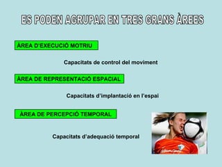 ES PODEN AGRUPAR EN TRES GRANS ÀREES ÀREA D’EXECUCIÓ MOTRIU Capacitats de control del moviment ÀREA DE REPRESENTACIÓ ESPACIAL Capacitats d’implantació en l’espai ÀREA DE PERCEPCIÓ TEMPORAL Capacitats d’adequació temporal 