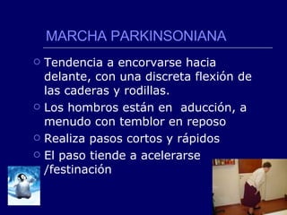 MARCHA PARKINSONIANA Tendencia a encorvarse hacia delante, con una discreta flexión de las caderas y rodillas. Los hombros están en  aducción, a menudo con temblor en reposo Realiza pasos cortos y rápidos El paso tiende a acelerarse /festinación 