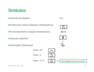 Simbolos
●Umbral de Disparo I∆n
●Protección contra disparos intempestivos
●Funcionamiento a bajas temperaturas -25 C
●Aparato selectivo
●Interruptor Diferencial

Clase AC

Clase A

Tecnología superinmunizadaClase A “si”

Schneider Electric - Pedro Cediel 46
 