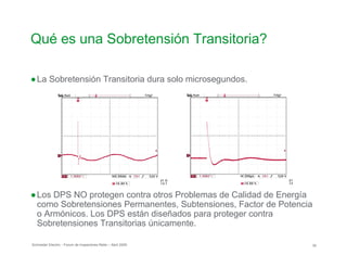 Qué es una Sobretensión Transitoria?

●La Sobretensión Transitoria dura solo microsegundos.
●Los DPS NO protegen contra otros Problemas de Calidad de Energía
como Sobretensiones Permanentes, Subtensiones, Factor de Potencia
o Armónicos. Los DPS están diseñados para proteger contra

Sobretensiones Transitorias únicamente.

Schneider Electric - Forum de Inspectores Retie – Abril 2009 50
 