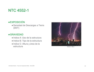 NTC 4552-1

●EXPOSICIÓN
● Densidad de Descargas a Tierra
(DDT)
●GRAVEDAD
● Indice A: Uso de la estructura
● Indice B: Tipo de la estructura
● Indice C: Altura y área de la
estructura
Schneider Electric - Forum de Inspectores Retie – Abril 2009 60
 