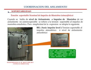 COORDINACION DEL AISLAMIENTO
      SOPORTABILIDAD
     Tensión soportable Nominal de Impulso de Maniobra (atmosférico)
 Cuando se habla de nivel de Aislamiento a Impulso de Maniobra de un
 aislamiento no autorecuperable se refiere a la tension soportable al impulso de
 maniobra estadistica. Para simplicidad de la expresion se adopta lo siguiente.
                                            BIL ( basic impulse level ) Tension soportable al
                                            impulso atmosférico ó nivel de aislamiento
                                            atmosférico




                                                         PLACA DE CARACTERISTICAS DE
                                                         ESTE TRASFORMADOR      DONDE
                                                         ENTRE   OTROS DATOS ESTA EL
                                                         NIVEL DE AISLAMIENTO EN ALTA
                                                         Y BAJA TENSION (BIL)



TRANSFORMADOR DE S/E 300 KVA 4200 / 480 V
        CENTRAL H. CUMBAYA EEQ
 