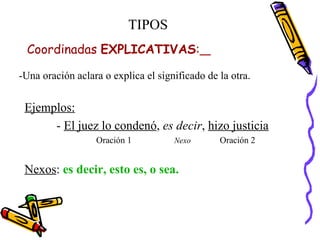 Coordinadas  EXPLICATIVAS :   -Una oración aclara o explica el significado de la otra. TIPOS Ejemplos: -  El juez lo condenó ,  es decir ,  hizo justicia Oración 1  Nexo   Oración 2 Nexos :  es decir, esto es, o sea. 
