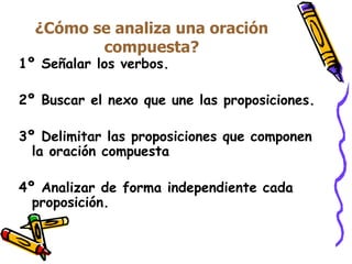 ¿Cómo se analiza una oración compuesta? 1º Señalar los verbos. 2º Buscar el nexo que une las proposiciones. 3º Delimitar las proposiciones que componen la oración compuesta 4º Analizar de forma independiente cada proposición. 
