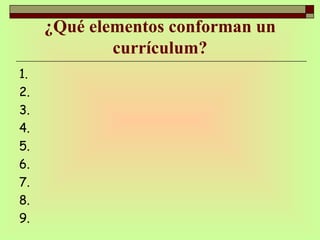 ¿Qué elementos conforman un currículum? 1. 2. 3. 4. 5. 6. 7. 8. 9. 