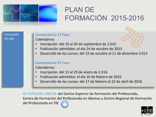 Convocatoria 1ª Fase:
Calendarios:
• Inscripción: del 10 al 30 de septiembre de 2.015
• Publicación admitidos: el día 14 de octubre de 2015
• Desarrollo de los cursos: del 15 de octubre al 11 de diciembre 2.015
Convocatoria 2ª Fase:
Calendarios:
• Inscripción: del 13 al 29 de enero de 2.016
• Publicación admitidos: el día 16 de febrero de 2016
• Desarrollo de los cursos: del 17 de febrero al 22 de abril de 2016
PLAN DE
FORMACIÓN 2015-2016
Formación
On-line
ACTIVIDADES ONLINE del Centro Superior de Formación del Profesorado,
Centro de Formación del Profesorado en Idiomas y Centro Regional de Formación
del Profesorado en TIC
 