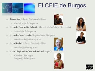 – Dirección: Alberto Arribas Almiñana
● direccion@cfieburgos.es
– Área de Educación Infantil: Marta Andrés Calleja (Secretaria)
● infantil@cfieburgos.es
– Área de Convivencia: Begoña Jorde Gongueta
● convivencia@cfieburgos.es
– Área Social: Alberto Fernández Díaz
● sociales@cfieburgos.es
– Área Lingüistico-Comunicativa (Lengua):
● Cristina Díez Vegas
lengua@cfieburgos.es
El CFIE de Burgos
 