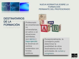 DESTINATARIOS
DE LA
FORMACIÓN
Profesorado
de enseñanzas
no
universitarias,
en activo o en
situaciones
asimiladas,
que ejerza o
haya ejercido
la docencia en
centros
sostenidos con
fondos
públicos.
Excepcionalmente, la
consejería podrá
determinar la
posibilidad de otros
destinatarios en las
actividades de cursos y
congresos.
NUEVA NORMATIVA SOBRE LA
FORMACIÓN
PERMANTE DEL PROFESORADO
 