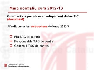 Marc normatiu curs 2012-13

Orientacions per al desenvolupament de les TIC
(document)

S'indiquen a les instruccions del curs 2012/3


  Pla TAC de centre
  Responsable TAC de centre
  Comissió TAC de centre.




                                                 3
 