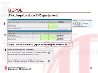 GEPSE
    Alta d’equips dotació Departament

1


2


    Sortir i tornar a entrar al gepse abans del pas 3 o tecla F5

3




                                                                   37
 
