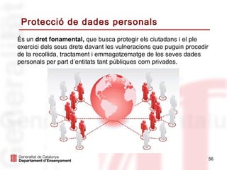 Protecció de dades personals
És un dret fonamental, que busca protegir els ciutadans i el ple
exercici dels seus drets davant les vulneracions que puguin procedir
de la recollida, tractament i emmagatzematge de les seves dades
personals per part d’entitats tant públiques com privades.




                                                                       56
 