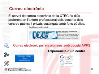 Correu electrònic
El servei de correu electrònic de la XTEC és d'ús
preferent en l’entorn professional dels docents dels
centres públics i privats sostinguts amb fons públics.




   Correu electrònic per els alumnes amb google APPS
                           Experiència d’un centre




                                                         63
 