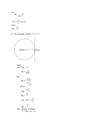 = M=
Then
=
a) By geometric method x² + y² = r²
Since
MCT ML = ‾1
But
MCT =
MCT =
ML =
ML =
MT =
But equation of tangent
Y = M(x -x1) + y1
 