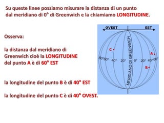 Osserva: 
la distanza dal meridiano di 
Greenwich cioè la LONGITUDINE 
del punto Aè di 60°EST 
la longitudine del punto Bè di 40°EST 
la longitudine del punto C è di 40°OVEST. 
A 
B 
C 
Su queste linee possiamo misurare la distanza di un punto 
dal meridiano di 0°di Greenwich e la chiamiamo LONGITUDINE.  
