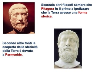 Secondo altri filosofi sembra che 
Pitagora fu il primo a ipotizzare che la Terra avesse una forma sferica. 
Secondo altre fonti la scoperta della sfericità dellaTerraè dovuta aParmenide.  