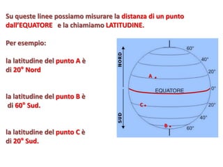 Su queste linee possiamo misurare la distanza di un punto dall’EQUATORE e la chiamiamo LATITUDINE. 
Per esempio: 
la latitudine del punto A è 
di20°Nord 
la latitudine del punto Bè 
di 60°Sud. 
la latitudine del punto C è 
di 20°Sud. 
A 
B 
C  