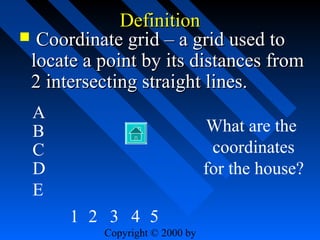 Definition
 Coordinate grid – a grid used to
locate a point by its distances from
2 intersecting straight lines.
A
B
C
D
E

What are the
coordinates
for the house?
1 2 3 4 5
Copyright © 2000 by

 