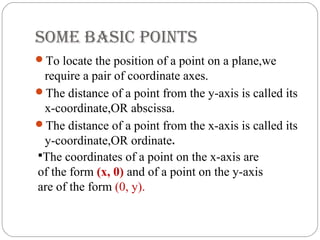 SoME BASIc PoIntS
To locate the position of a point on a plane,we
require a pair of coordinate axes.
The distance of a point from the y-axis is called its
x-coordinate,OR abscissa.
The distance of a point from the x-axis is called its
y-coordinate,OR ordinate.
The coordinates of a point on the x-axis are
of the form (x, 0) and of a point on the y-axis
are of the form (0, y).
 