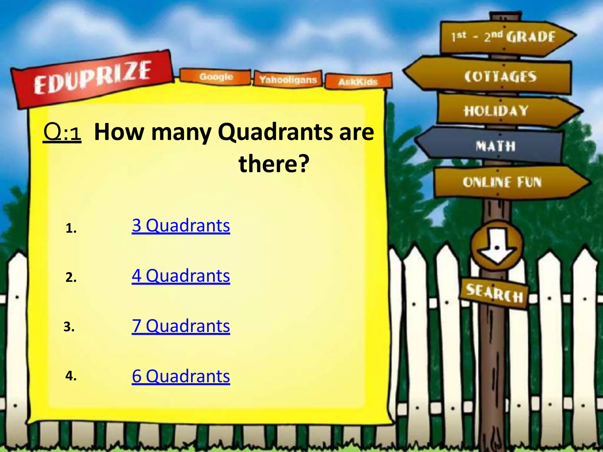 Q:1 How many Quadrants are
there?
3 Quadrants
7 Quadrants
6 Quadrants
1.
2.
3.
4.
4 Quadrants
 