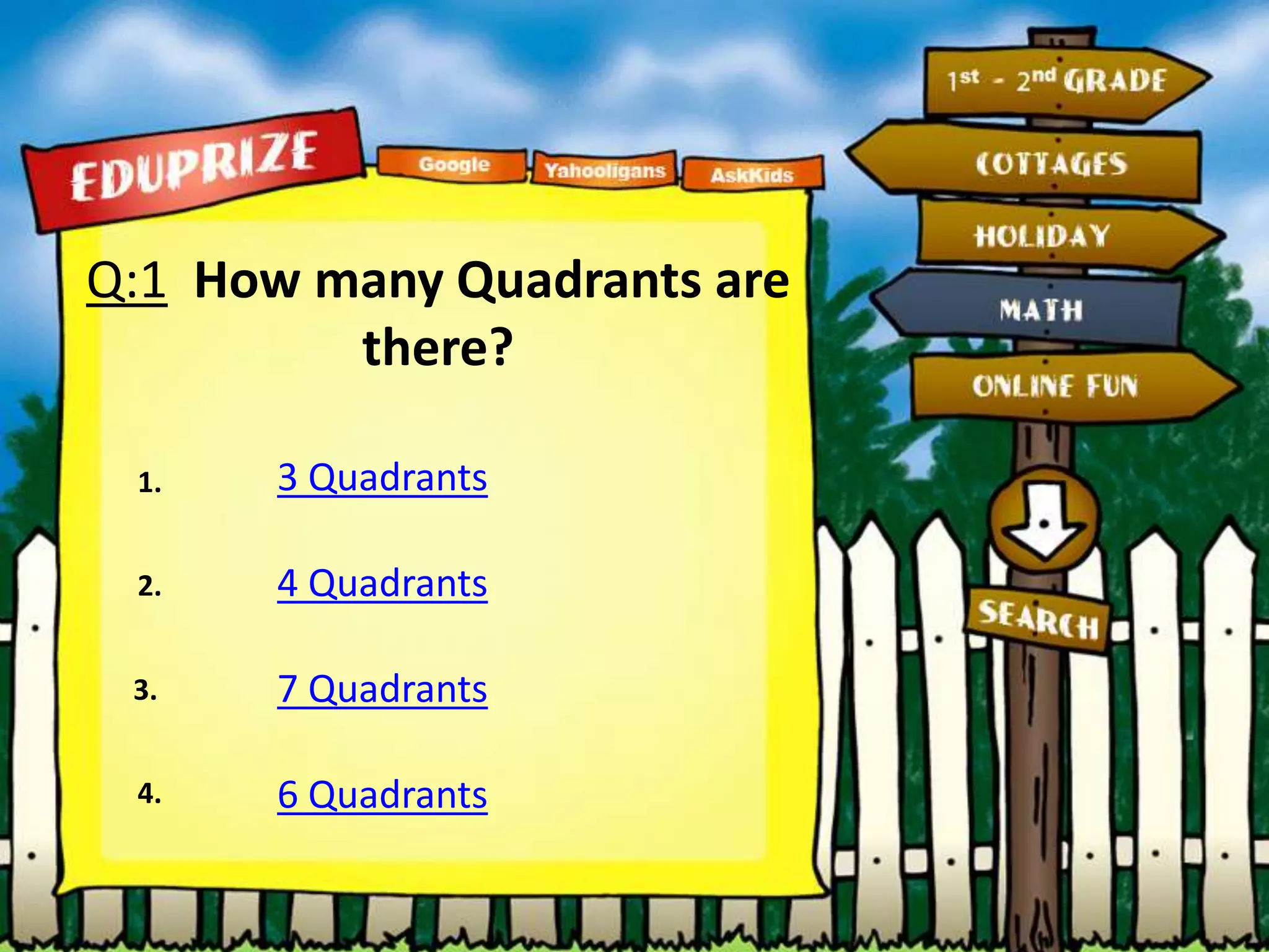 Q:1 How many Quadrants are
there?
3 Quadrants
7 Quadrants
6 Quadrants
1.
2.
3.
4.
4 Quadrants
 