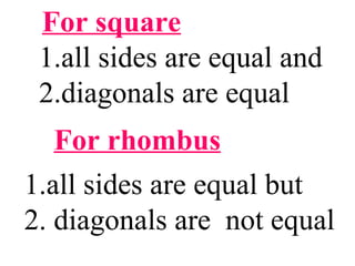 For square 1.all sides are equal and  2.diagonals are equal For rhombus 1.all sides are equal but 2. diagonals are  not equal 
