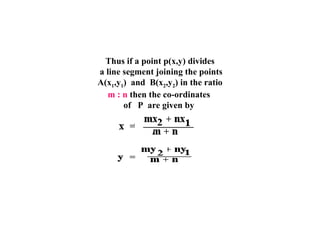 Thus if a point p(x,y) divides a line segment joining the points A(x 1 ,y 1 )  and  B(x 2 ,y 2 ) in the ratio  m : n  then the co-ordinates  of  P  are given by  