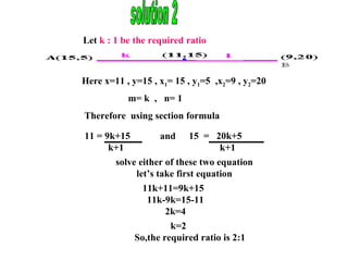 Let  k : 1 be the required ratio   Here x=11 , y=15 , x 1 = 15 , y 1 =5  ,x 2 =9 , y 2 =20 m= k  ,  n= 1 Therefore  using section formula 11 = 9k+15 k+1 and 15  =  20k+5 k+1 solve either of these two equation let’s take first equation solution 2 11k+11=9k+15 11k-9k=15-11 2k=4 k=2 So,the required ratio is 2:1 