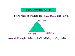 AREA OF TRIANGLE   Let vertices of triangle are  ( x 1 ,y 1 ) (x 2 ,y 2 )  and  (x 3 ,y 3 ). Area of Triangle  =1/2 ( x1 ( y2-y3 ) +x2 ( y3-y1 ) +x3 ( y1-y2 ) ) A( x1,y1) B(x2,y2) C(x3,y3). 