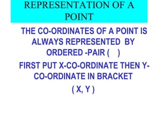 REPRESENTATION OF A POINT THE CO-ORDINATES OF A POINT IS ALWAYS REPRESENTED  BY ORDERED -PAIR (  ) FIRST PUT X-CO-ORDINATE THEN Y-CO-ORDINATE IN BRACKET ( X, Y ) 