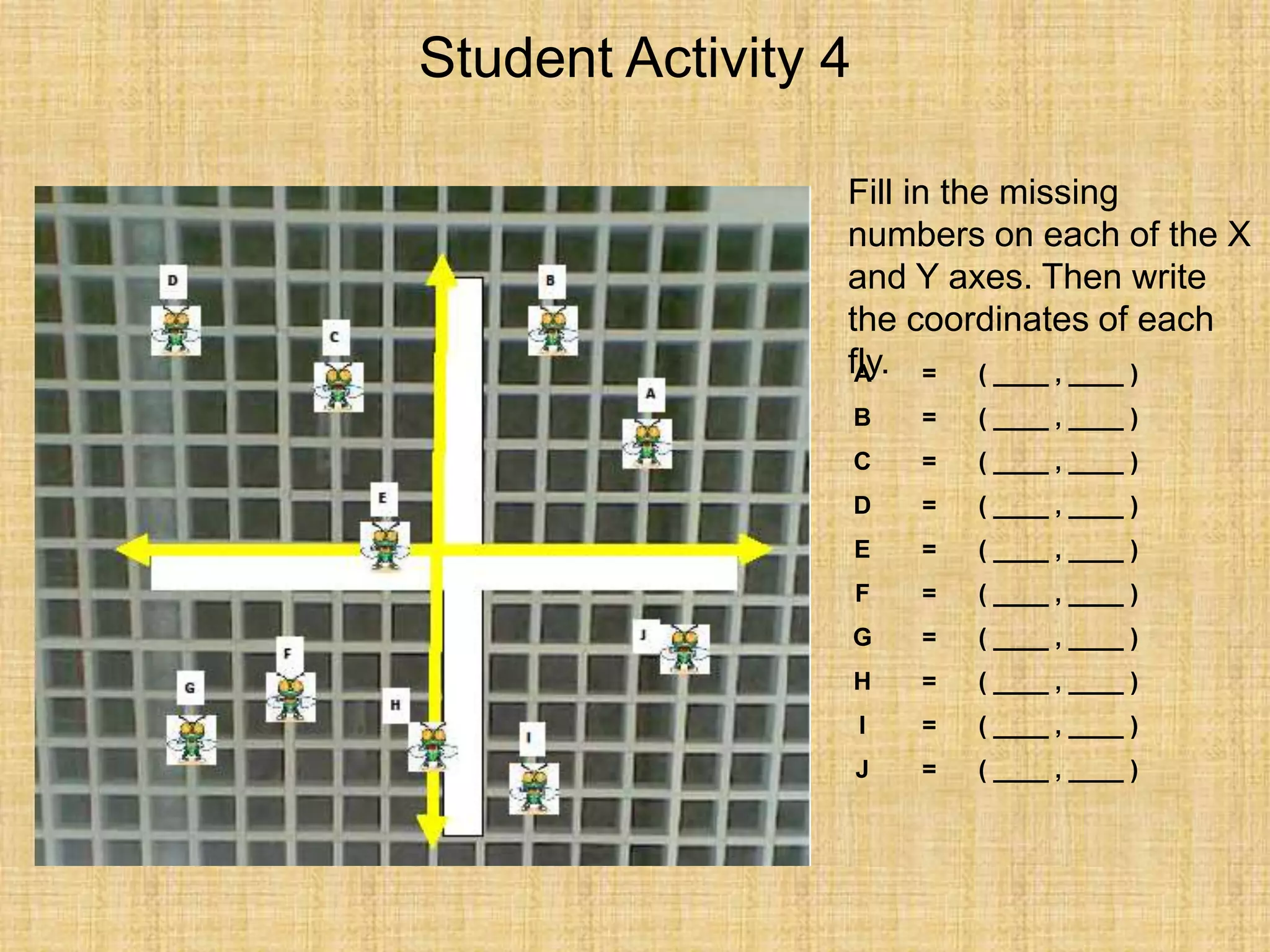 Student Activity 4
Fill in the missing
numbers on each of the X
and Y axes. Then write
the coordinates of each
fly.A = ( ____ , ____ )
B = ( ____ , ____ )
C = ( ____ , ____ )
D = ( ____ , ____ )
E = ( ____ , ____ )
F = ( ____ , ____ )
G = ( ____ , ____ )
H = ( ____ , ____ )
I = ( ____ , ____ )
J = ( ____ , ____ )
 