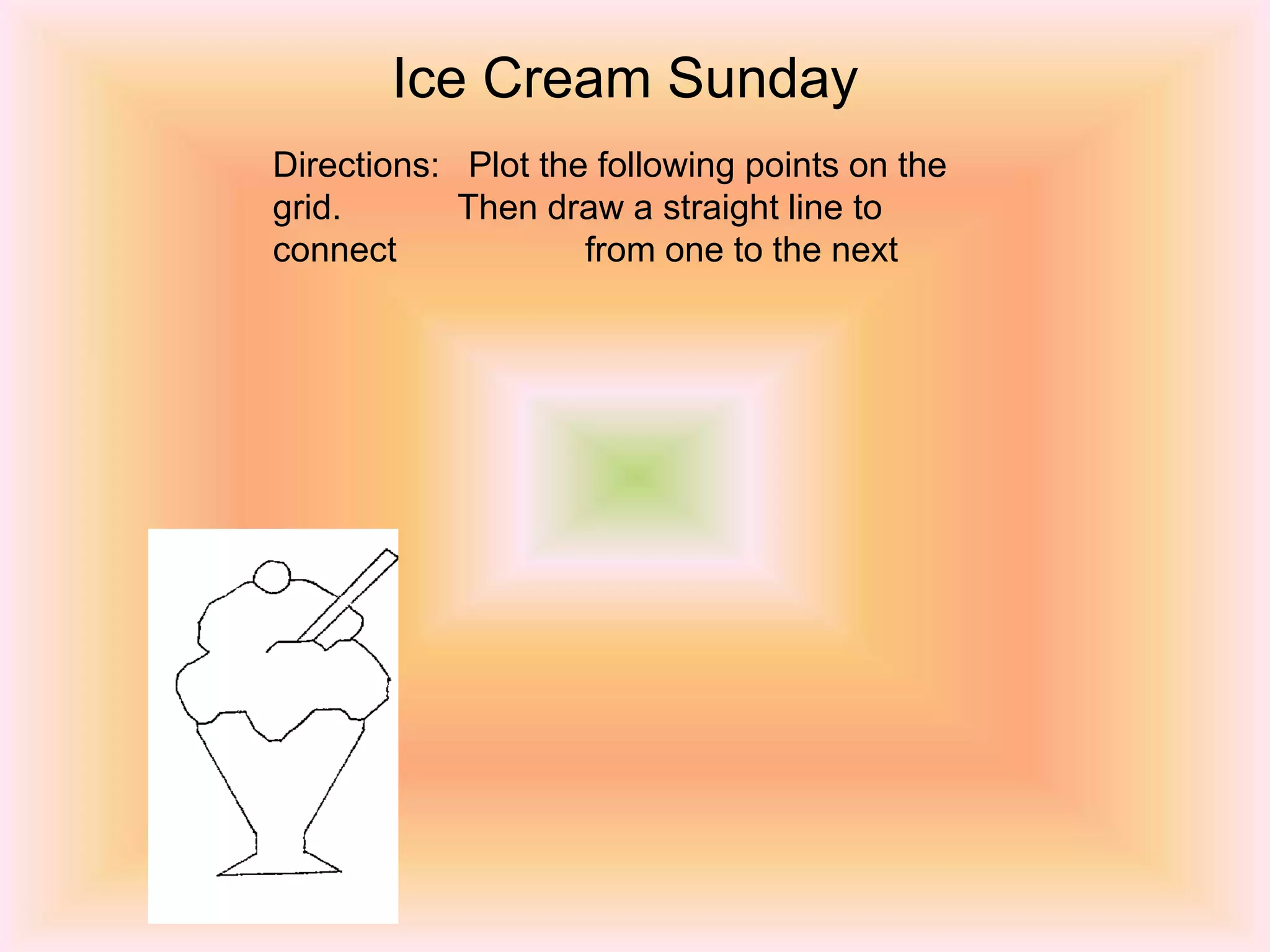 Ice Cream Sunday
Directions: Plot the following points on the
grid. Then draw a straight line to
connect from one to the next
 
