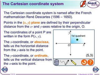 © Boardworks Ltd 2005
3 of 33
The Cartesian coordinate system
The Cartesian coordinate system is named after the French
mathematician René Descartes (1596 – 1650).
Points in the (x, y) plane are defined by their perpendicular
distance from the x- and y-axes relative to the origin, O.
The x-coordinate, or abscissa,
tells us the horizontal distance
from the y-axis to the point.
The y-coordinate, or ordinate,
tells us the vertical distance from
the x-axis to the point.
The coordinates of a point P are
written in the form P(x, y).
 