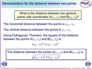 © Boardworks Ltd 2005
5 of 33
Generalization for the distance between two points
What is the distance between two general
points with coordinates A(x1, y1) and B(x2, y2)?
The horizontal distance between the points is .
x2 – x1
The vertical distance between the points is .
y2 – y1
Using Pythagoras’ Theorem, the square of the distance
between the points A(x1, y1) and B(x2, y2) is
The distance between the points A(x1, y1) and B(x2, y2) is
( ) ( )
x x y y
 
2 2
2 1 2 1
+
( ) ( )
x x y y
 
2 2
2 1 2 1
+
 