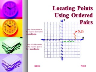 Locating Points Using Ordered Pairs - The first number in the ordered pair is the  x coordinate. - The second number in the ordered pair is the  y coordinate .  Back  Next 