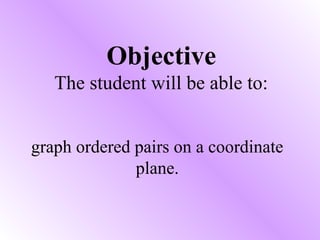 Objective 
The student will be able to: 
graph ordered pairs on a coordinate 
plane. 
 