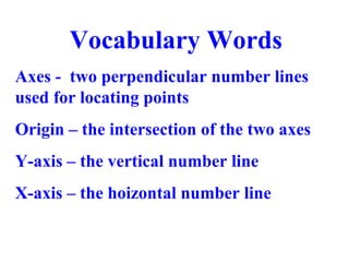 Vocabulary Words
Axes - two perpendicular number lines
used for locating points
Origin – the intersection of the two axes
Y-axis – the vertical number line
X-axis – the hoizontal number line
 