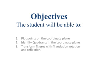 ObjectivesThe student will be able to: Plot points on the coordinate plane Identify Quadrants in the coordinate plane Transform figures with Translation rotation and reflection. 