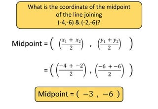 What is the coordinate of the midpoint
of the line joining
(-4,-6) & (-2,-6)?
Midpoint =
𝑥1
+ 𝑥2
2
,
𝑦1
+ 𝑦2
2
𝑦1 + 𝑦2
2
𝑥1 + 𝑥2
2
Midpoint =
𝑥1
+ 𝑥2
2
,
𝑦1
+ 𝑦2
2
−6 + −6
2
−4 + −2
2
Midpoint = −3 , −6
 