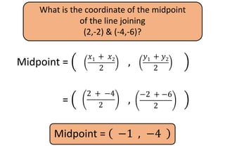What is the coordinate of the midpoint
of the line joining
(2,-2) & (-4,-6)?
Midpoint =
𝑥1
+ 𝑥2
2
,
𝑦1
+ 𝑦2
2
𝑦1 + 𝑦2
2
𝑥1 + 𝑥2
2
Midpoint =
𝑥1
+ 𝑥2
2
,
𝑦1
+ 𝑦2
2
−2 + −6
2
2 + −4
2
Midpoint = −1 , −4
 