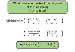 What is the coordinate of the midpoint
of the line joining
(-4,4) & (6,3)?
Midpoint =
𝑥1
+ 𝑥2
2
,
𝑦1
+ 𝑦2
2
𝑦1 + 𝑦2
2
𝑥1 + 𝑥2
2
Midpoint =
𝑥1
+ 𝑥2
2
,
𝑦1
+ 𝑦2
2
4 + 3
2
−4 + 6
2
Midpoint = 1 , 3.5
 